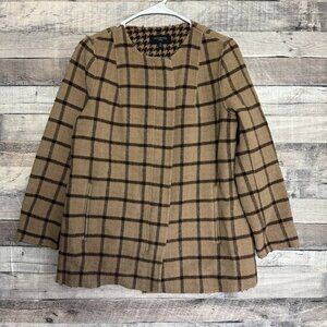 Talbots Jacket Women M Petite Brown Tan Windowpane Long Blazer Zip Wool